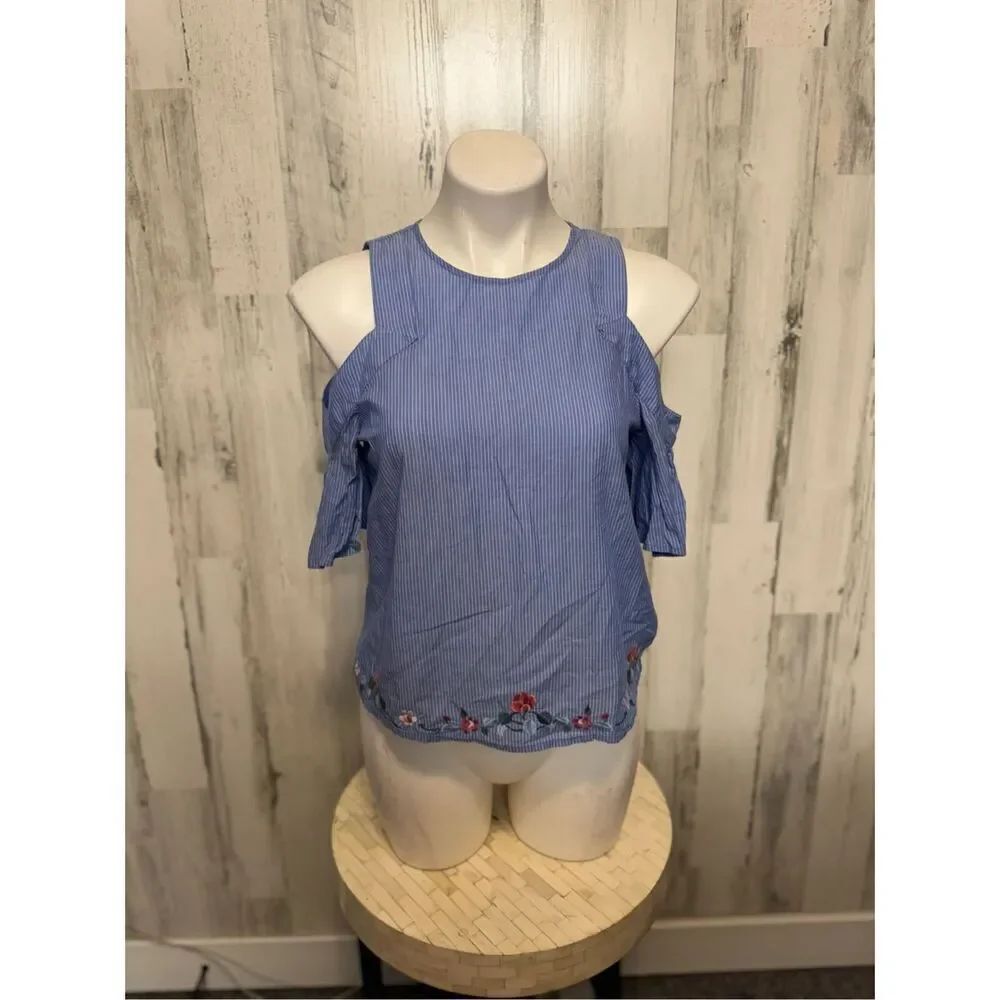 Express Blue Striped Cold Shoulder Top XS Embroidered Floral Blouse Ruffle Sleev